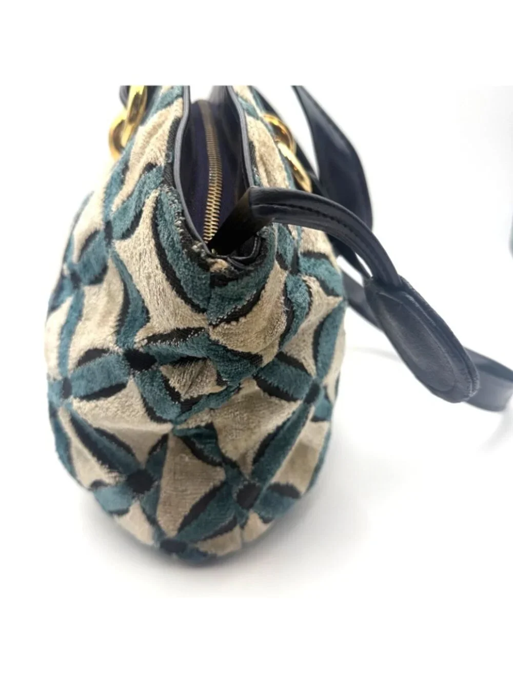 Vintage Tapestry Shoulder Bag Blue Black Geometric Velvet Purse Red Lining